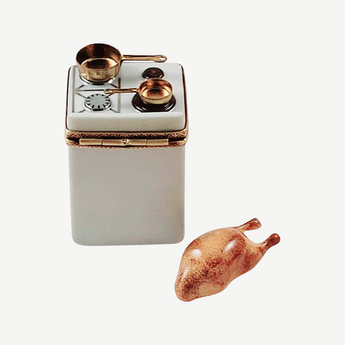 Kitchen Stove with pans and Chicken