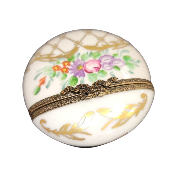 Gold w Flowers Flat Round Pill-LIMOGES BOXES traditional-CH11M160