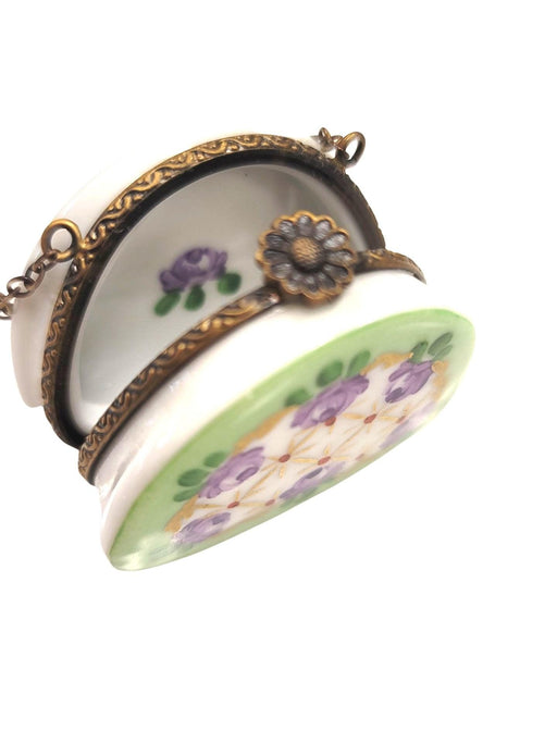 Green Purse w Purple Roses w Special Antiqued Brass - One of a Kind Hand Painted Limoges Box Porcelain Figurine-purse trinket box limoges-CHPU2