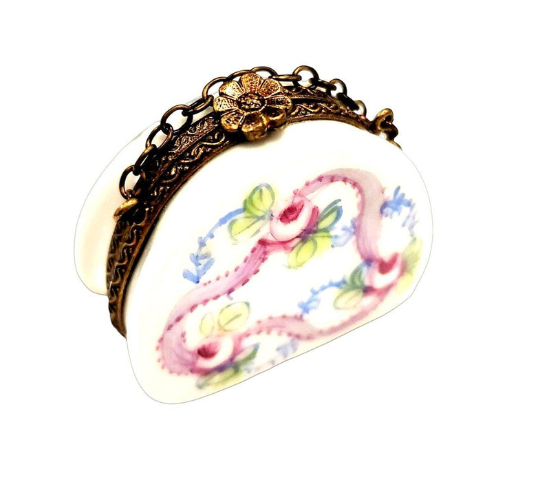Pink Blue Purse w Roses w Special Antiqued Brass - One of a Kind Hand Painted Limoges Box Porcelain Figurine-purse trinket box limoges-CHPU12