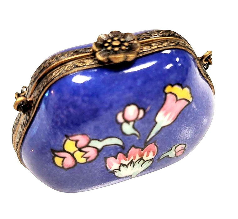 Purse Electric Blue Deco Flower w Special Antiqued Brass - One of a Kind Hand Painted Limoges Box Porcelain Figurine-purse trinket box limoges-CHPU26