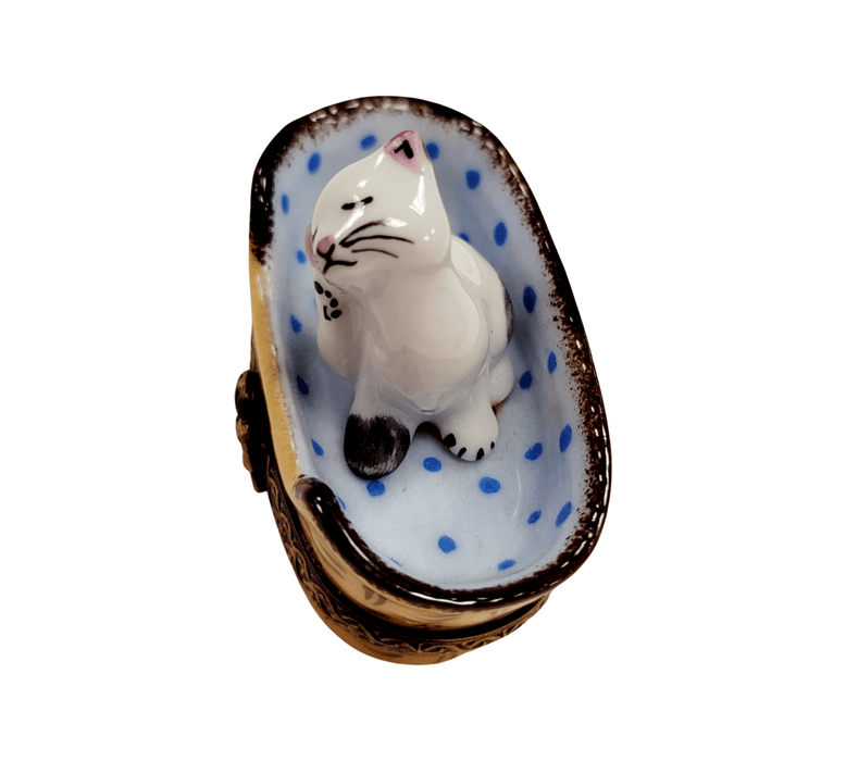 White Cat in Blue Basket with Limoges Box - Limoges Box Boutique