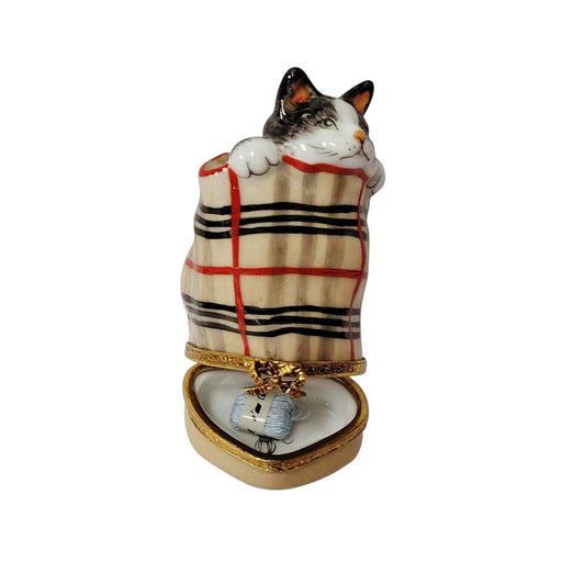Cat In Berberry Bag with a Ball Of Yarn Limoges Box - Limoges Box Boutique