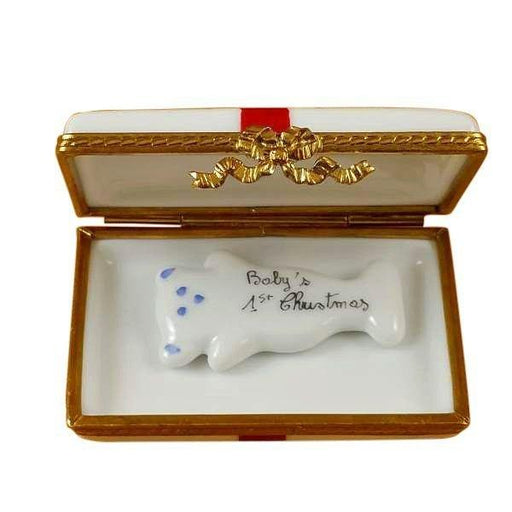 Gift Box with Red Bow - Baby's First Christmas - Blue Limoges - Limoges Box Boutique