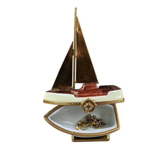 Sailboat with Brass Sails and Stand with Removable Anchor Limoges Box - Limoges Box Boutique