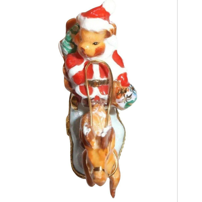 Santa Claus Teddy Bear on Sleigh w Reindeer Limoges Box Figurine - Limoges Box Boutique