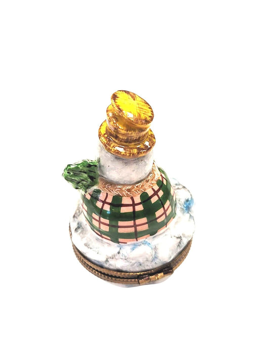 Snowman Plaid Sweater and Broom Limoges Box Figurine - Limoges Box Boutique