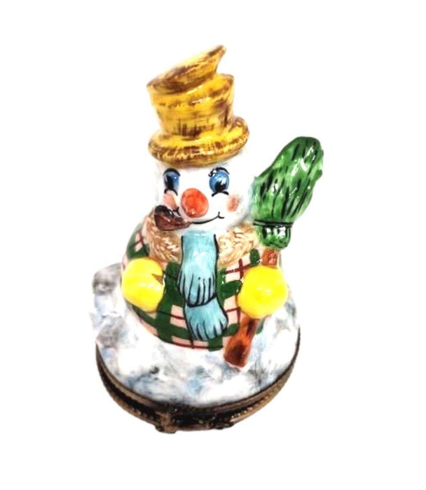Snowman Plaid Sweater and Broom Limoges Box Figurine - Limoges Box Boutique