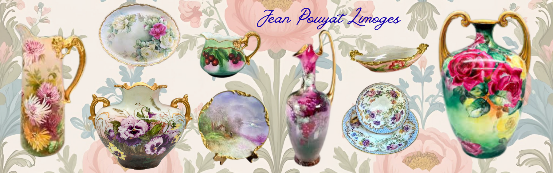 Collection of decorative porcelain pieces showcasing Jean Pouyat Limoges history with floral patterns and ornate designs