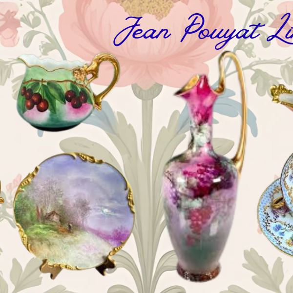 Collection of decorative porcelain pieces showcasing Jean Pouyat Limoges history with floral patterns and ornate designs