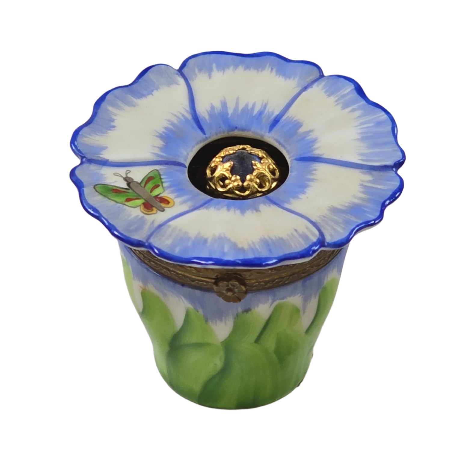 Decorative porcelain flower-shaped container with butterfly detail from famous French brands and porcelain manufacturers