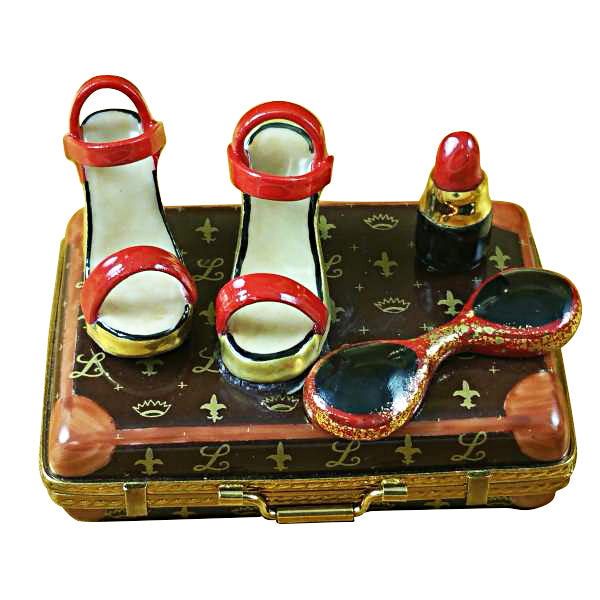 Exquisite Limoges porcelain box featuring modern porcelain designs including red high heels, lipstick, and sunglasses