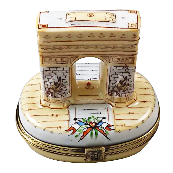 Limoges box value guide featuring a detailed porcelain box shaped like the Arc de Triomphe with colorful accents