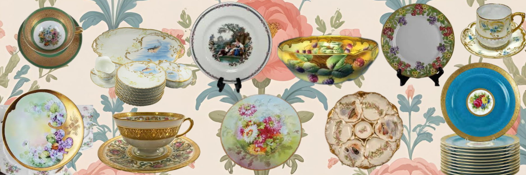 Collection of decorative porcelain plates and teacups showcasing Charles Ahrenfeldt Limoges porcelain history
