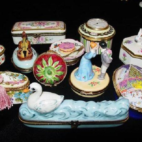 Collection of unique collectible summer gifts featuring hand-painted Limoges porcelain boxes with intricate designs