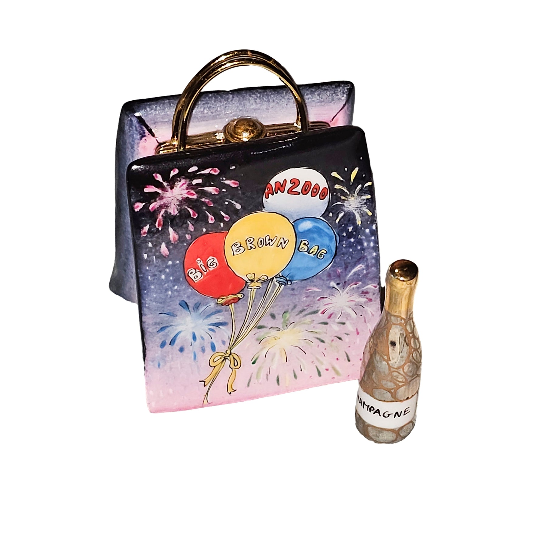 Decorative porcelain handbag and champagne bottle figurines as best personalized porcelain gifts