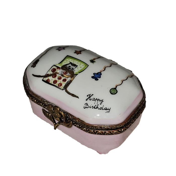 Porcelain trinket box with Happy Birthday text, decorated with cat and balloons, luxury French birthday gifts for collectors
