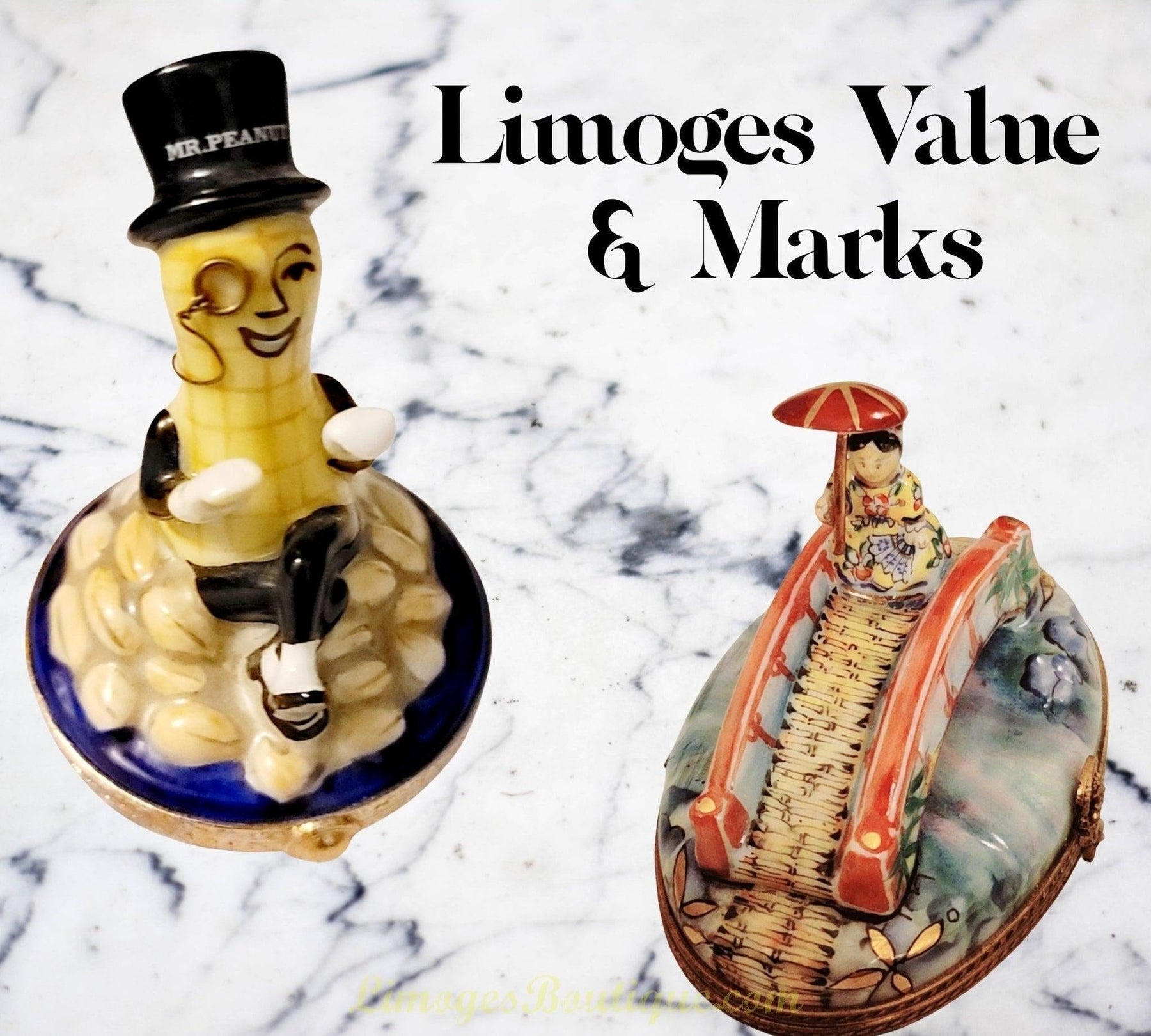 Two detailed Limoges boxes on a marble surface highlighting Limoges box value and maker marks