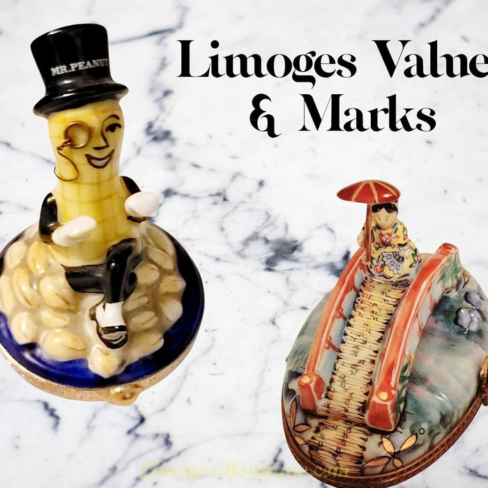 Two detailed Limoges boxes on a marble surface highlighting Limoges box value and maker marks