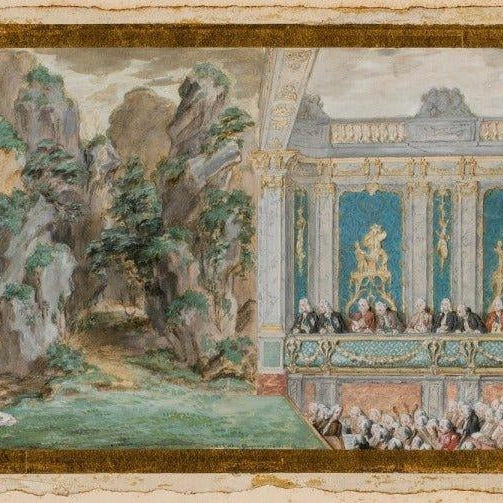 Antique painting depicting a Royal court scene representing the Marquise de Pompadour Limoges collection