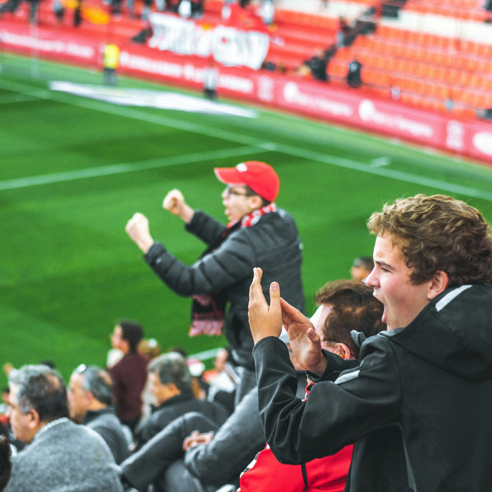 men at bleachers cheering on players on a sports field
