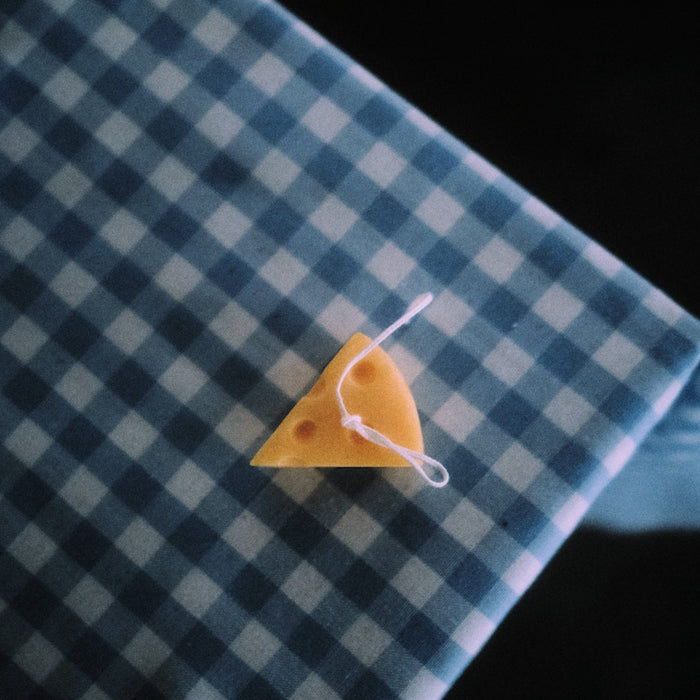 a piece of cheese sitting on top of a blue and white checkered shirt