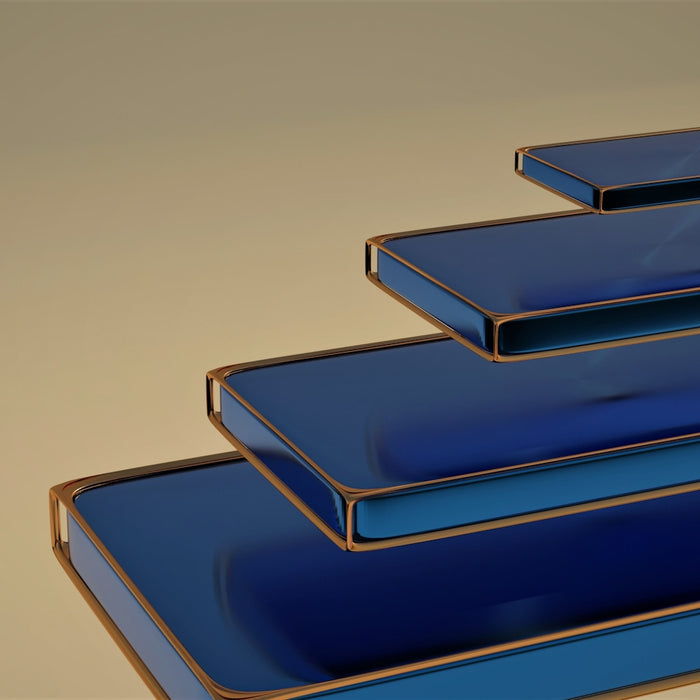 a stack of blue plates sitting on top of each other