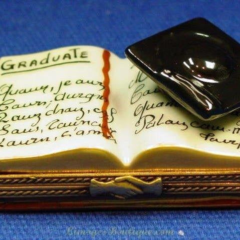 Small trinket box shaped like an open book with graduate text and a black graduation cap lid showcasing most popular trinket box styles