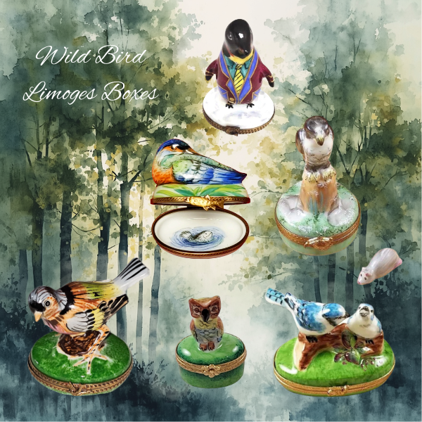 Wild bird Limoges porcelain trinket boxes hand-painted in France for bird lovers and collectors