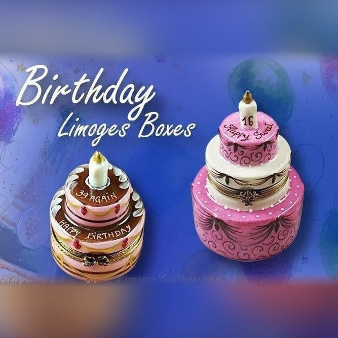 Hand-painted Limoges birthday gift boxes shaped like festive birthday cakes with candles
