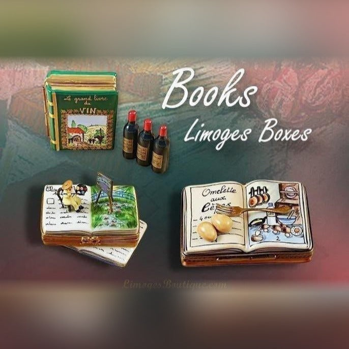 Limoges porcelain book figurine collection featuring hand-painted miniature books with detailed designs and wine bottle accents