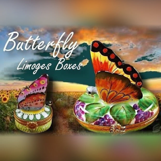 Hand painted butterfly Limoges boxes with colorful butterfly figurines set against a sunset sunflower field background