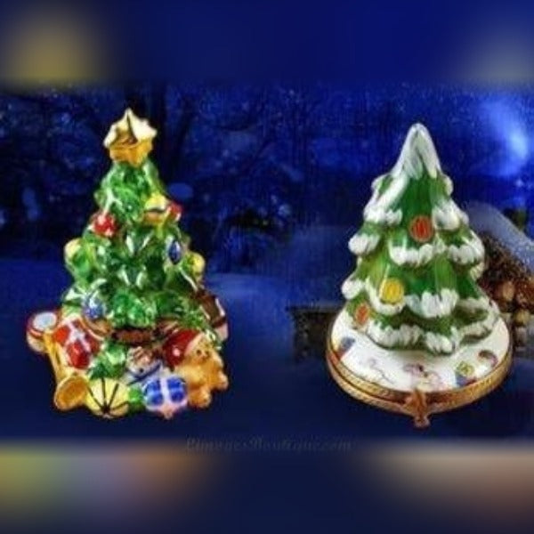 Two hand-painted Christmas Tree Limoges Box porcelain collectibles with detailed holiday decorations and gold accents