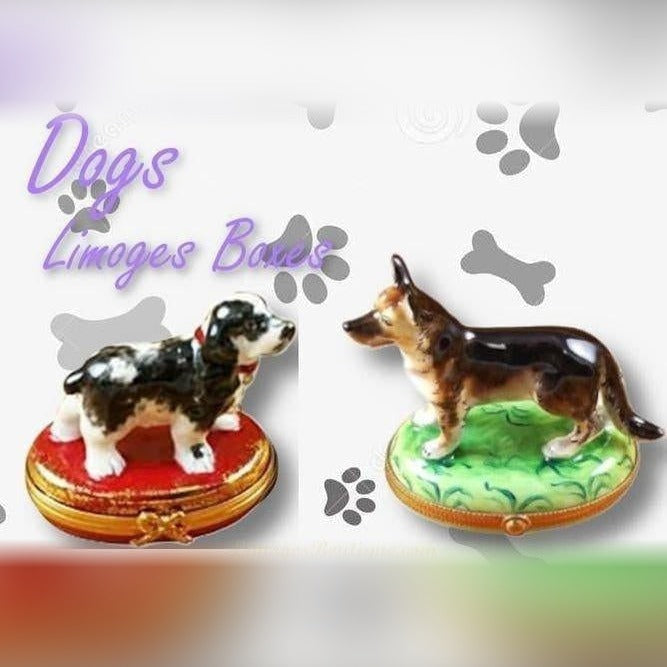 Hand painted Dog Limoges boxes featuring detailed porcelain dog figurines on decorative bases