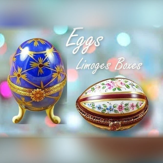 Collection of hand painted Limoges egg box porcelain trinket boxes with floral and decorative designs