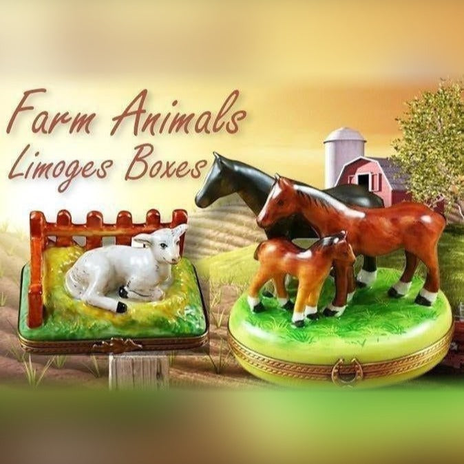 Farm animal Limoges boxes featuring detailed porcelain horse figurines and cow figurines