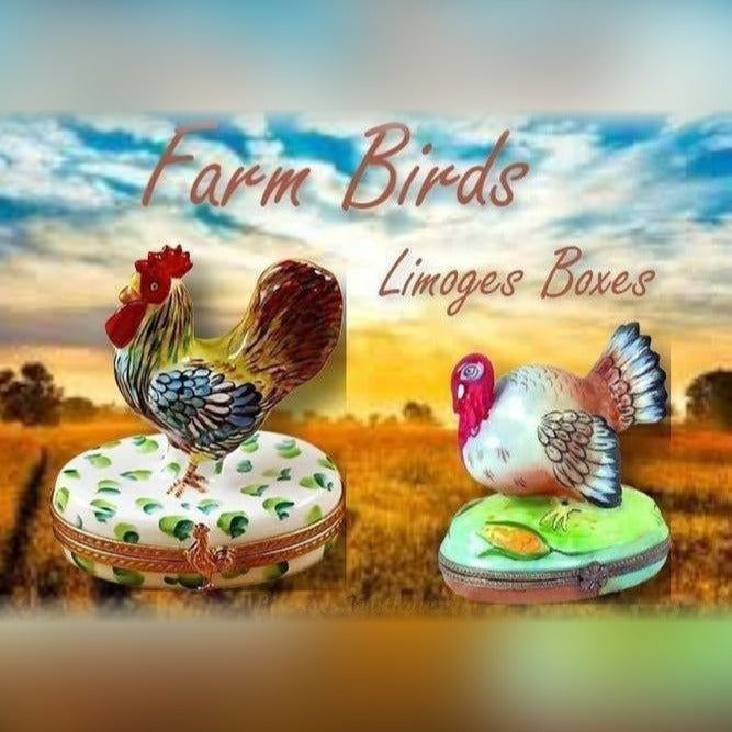 Hand-painted farm bird Limoges boxes featuring detailed rooster and turkey porcelain figurines on a sunset farm background