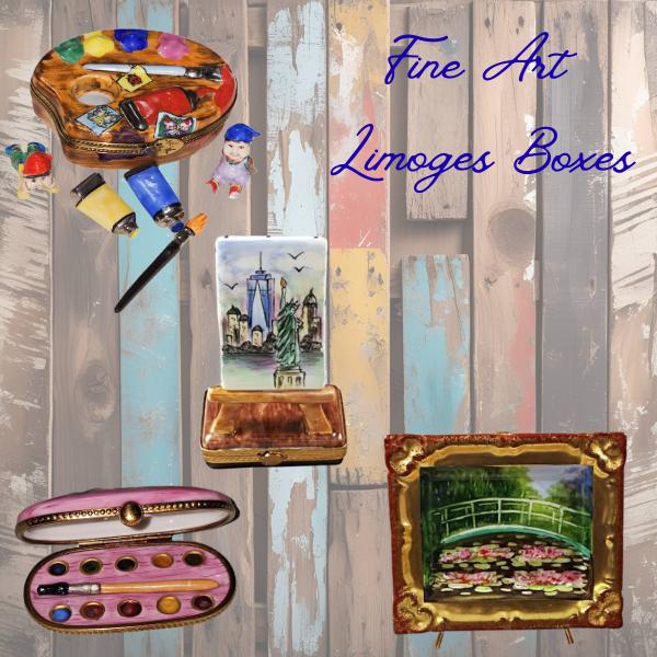 Collection of fine art Limoges boxes featuring hand-painted palettes, brushes, and miniature framed paintings