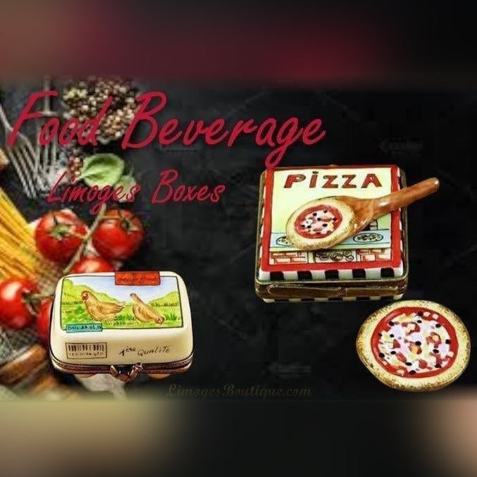Collection of food themed Limoges boxes including a detailed pizza box and a box featuring ducks and countryside design