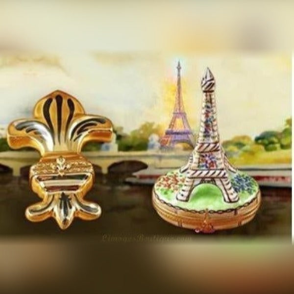 Hand-painted Limoges boxes France Paris featuring Eiffel Tower design and ornate golden clasp