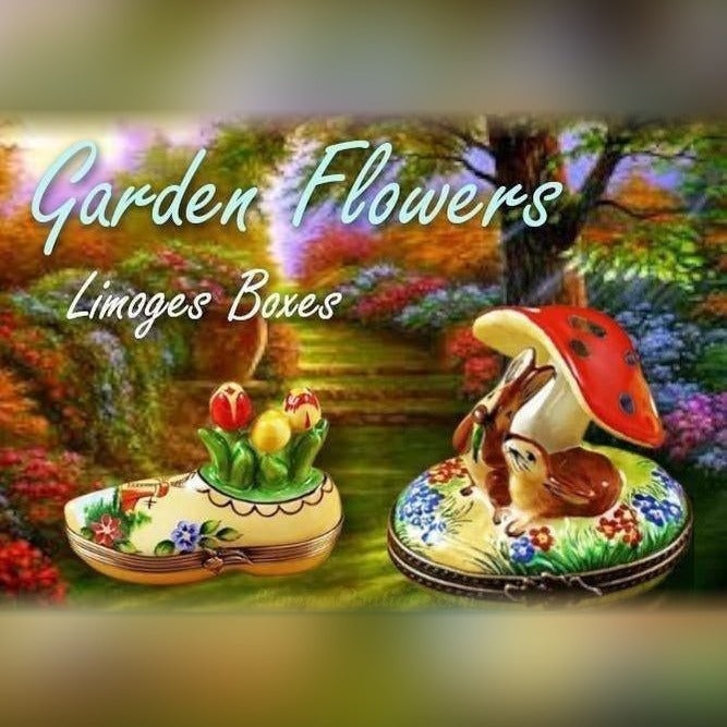 Garden Limoges boxes shaped like a flower-adorned shoe and a mushroom with animal figures on a colorful garden background