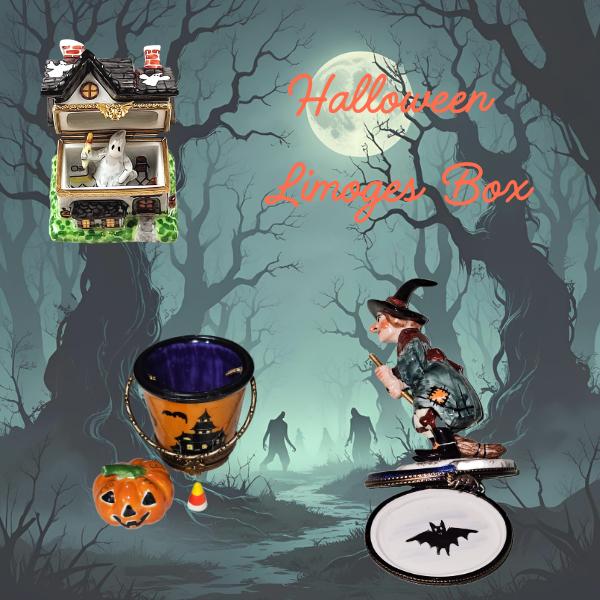 Halloween Limoges boxes featuring handcrafted porcelain pumpkin and wizard designs with intricate details