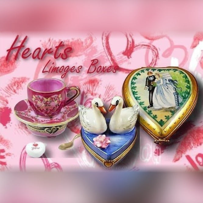 Hand-painted Limoges heart trinket boxes featuring romantic designs with swans and wedding couple on heart-shaped porcelain boxes