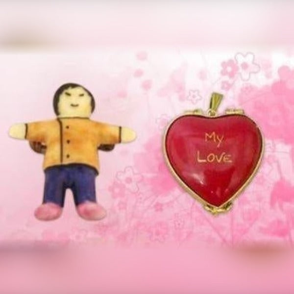 Heart-shaped Limoges jewelry box with My Love inscription and small handmade porcelain doll figurine
