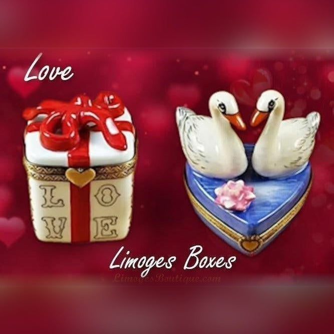 Love Limoges boxes featuring a gift box with red bow and a heart-shaped box with two swans