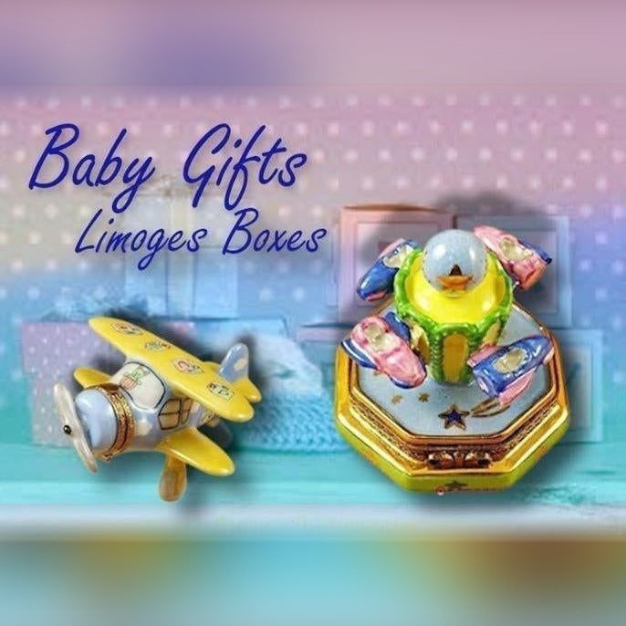 Maternity Gifts Limoges boxes featuring delicate porcelain baby-themed trinket boxes with playful figurines
