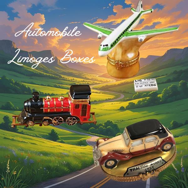 Hand-painted moving vehicles Limoges boxes featuring a classic car, vintage train, and airplane on a scenic landscape background