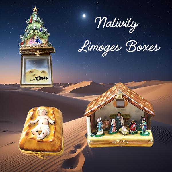 Hand-painted nativity porcelain figurines in Limoges boxes depicting the Holy Family, Wise Men, and baby Jesus scenes