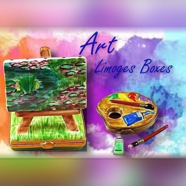 Luxury hand-painted art Limoges boxes featuring detailed porcelain figurines inspired by famous paintings and artist palettes