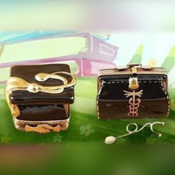 Graduation Limoges box shaped like a doctor’s bag with detachable stethoscope and detailed porcelain design
